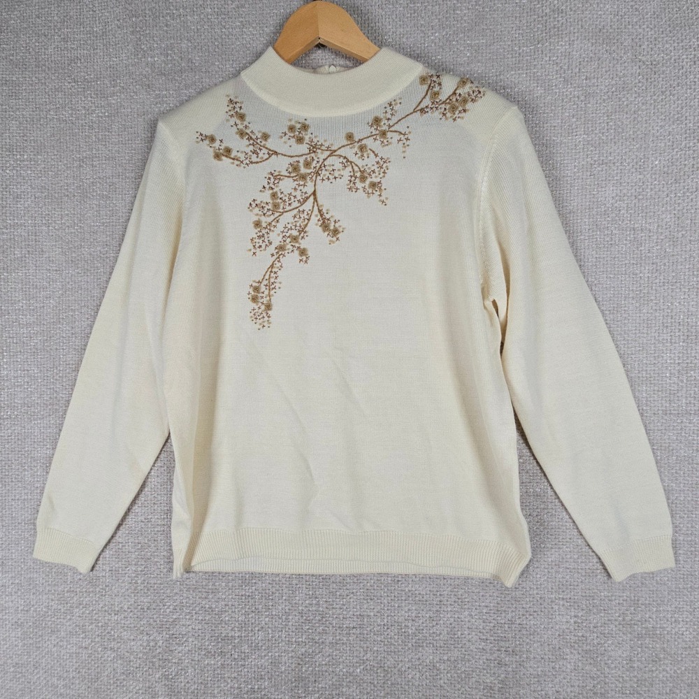 Alfred Dunner Cream Embroidered Floral Mock Neck Back Zip Sweater Medium
